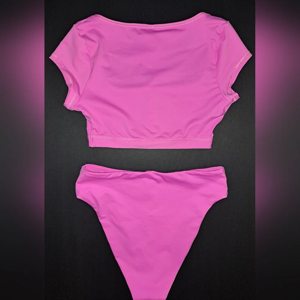 ❤️SKIMS Cropped T-shirt Top Mid Waist Bottoms Bikini Swimsuit Pink NEON ORCHID S